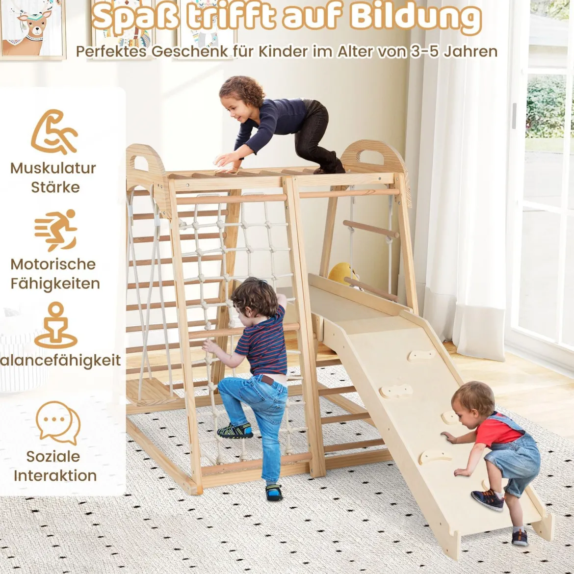 8 in 1 Affenstange & Schaukel & Kletternetz & Kletterleiter & Kletterstrick & Kletterfelsen & Rutsche & Plattform Natur