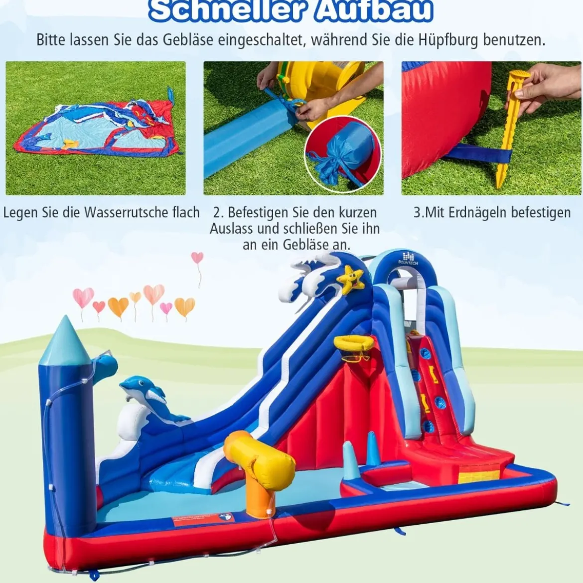 6 in 1 Aufblasbare Hüpfburg mit Kletterwand & Spritzpool & Wasserkanone & Basketballkorb