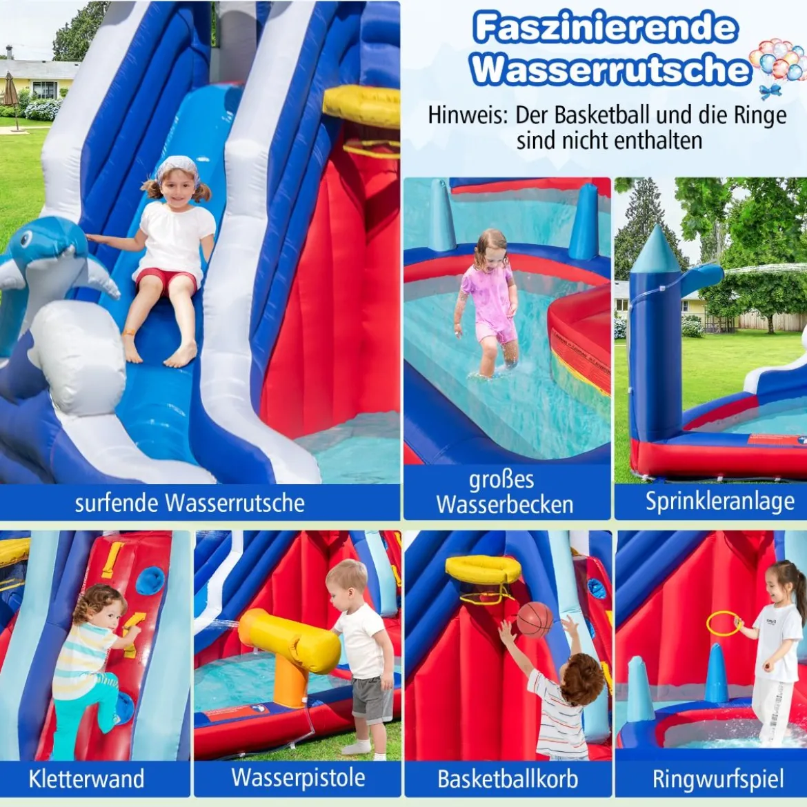 6 in 1 Aufblasbare Hüpfburg mit Kletterwand & Spritzpool & Wasserkanone & Basketballkorb