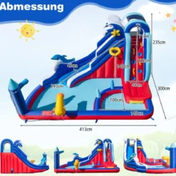 6 in 1 Aufblasbare Hüpfburg mit Kletterwand & Spritzpool & Wasserkanone & Basketballkorb