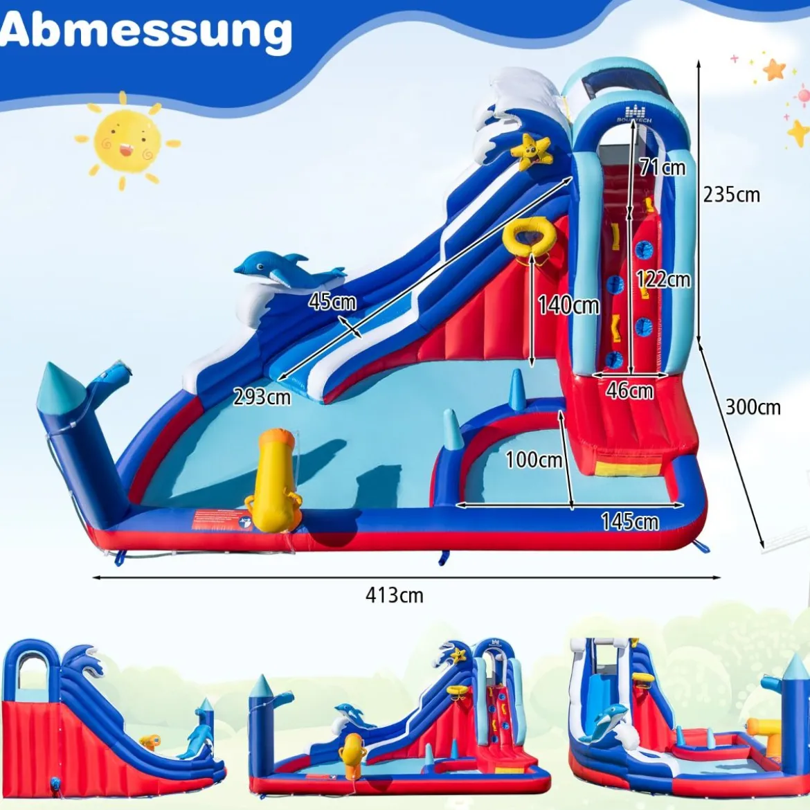 6 in 1 Aufblasbare Hüpfburg mit Kletterwand & Spritzpool & Wasserkanone & Basketballkorb