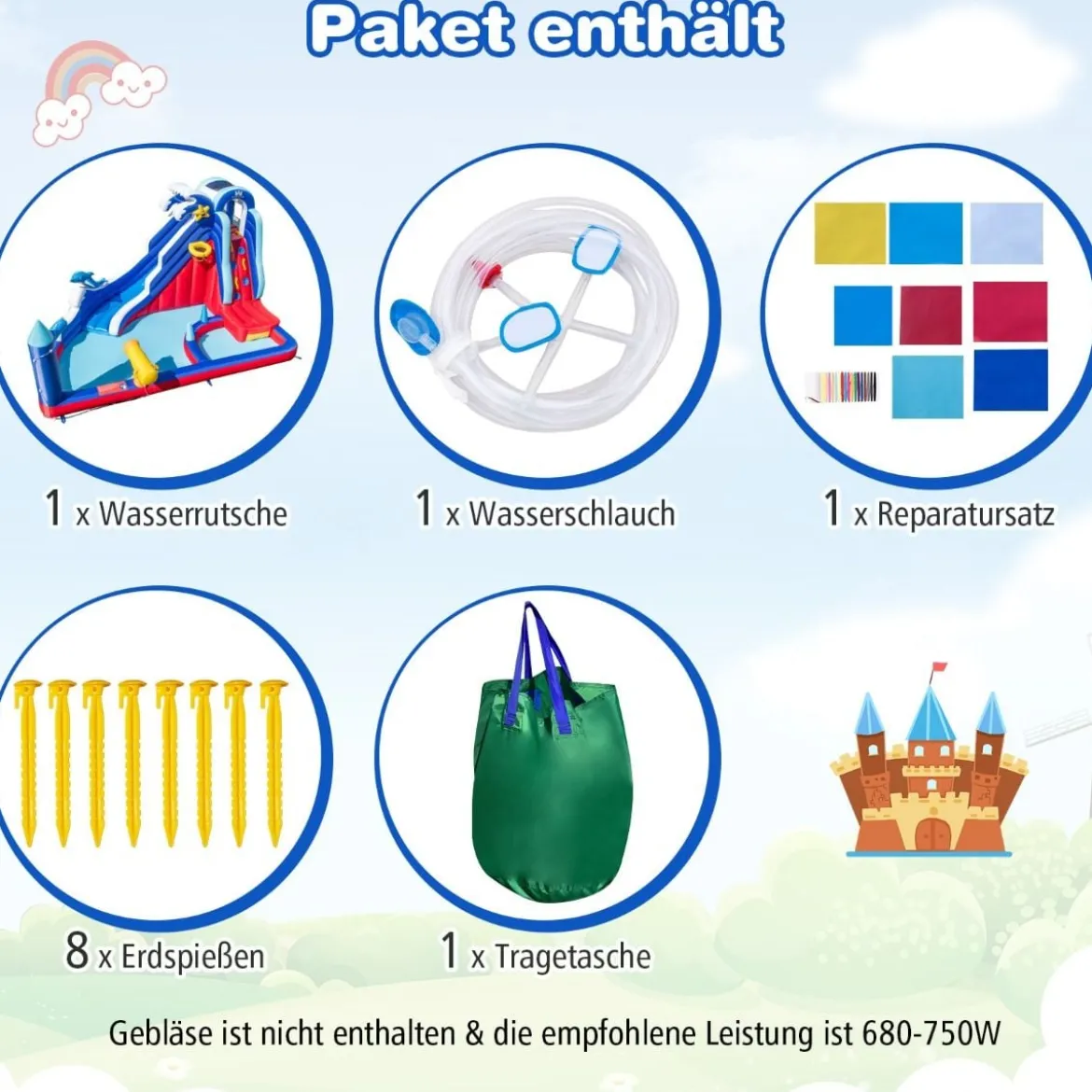 6 in 1 Aufblasbare Hüpfburg mit Kletterwand & Spritzpool & Wasserkanone & Basketballkorb