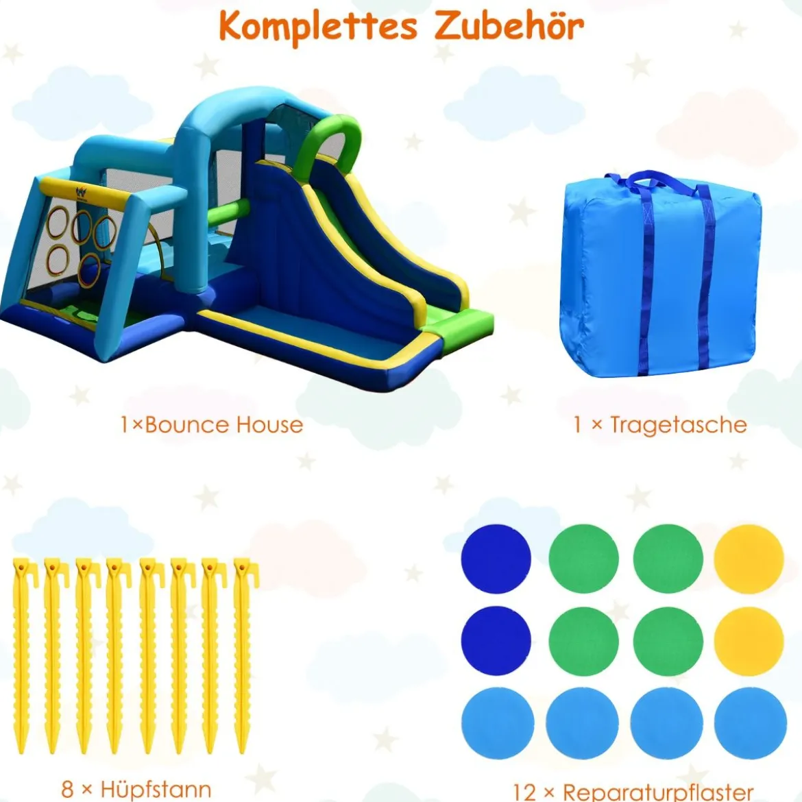 5 in 1 aufblasbare Hüpfburg mit Rutsche Wasserbecken 380 x 300 x 217 cm Dunkelblau