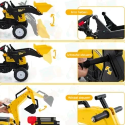 3-in-1-Aufsitzbagger für Kinder Bulldozer mit 6 Rädern 178 x 42 x 60 cm Gelb
