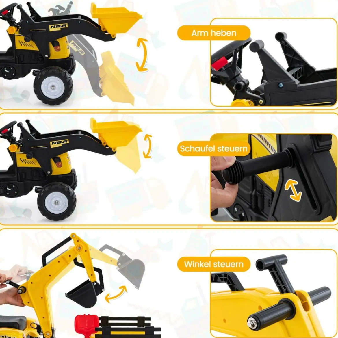 3-in-1-Aufsitzbagger für Kinder Bulldozer mit 6 Rädern 178 x 42 x 60 cm Gelb