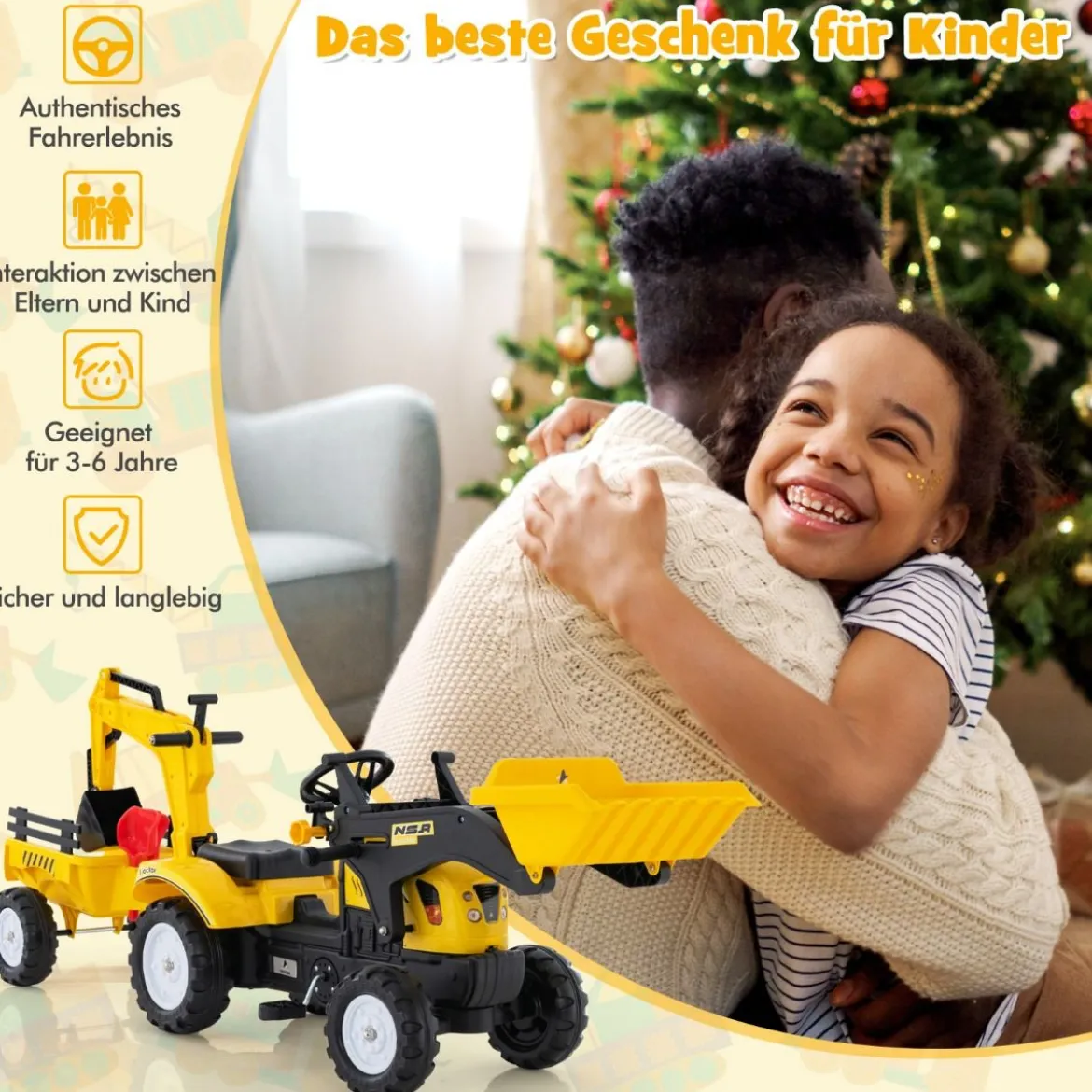 3-in-1-Aufsitzbagger für Kinder Bulldozer mit 6 Rädern 178 x 42 x 60 cm Gelb