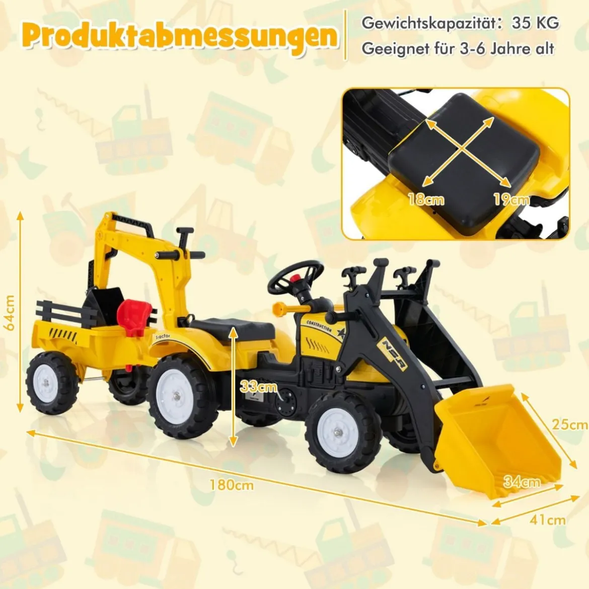 3-in-1-Aufsitzbagger für Kinder Bulldozer mit 6 Rädern 178 x 42 x 60 cm Gelb