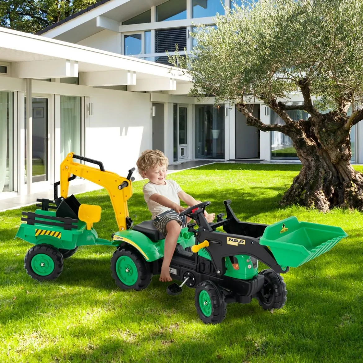 3-in-1-Aufsitzbagger für Kinder Bulldozer mit 6 Rädern 178 x 42 x 60 cm Grün