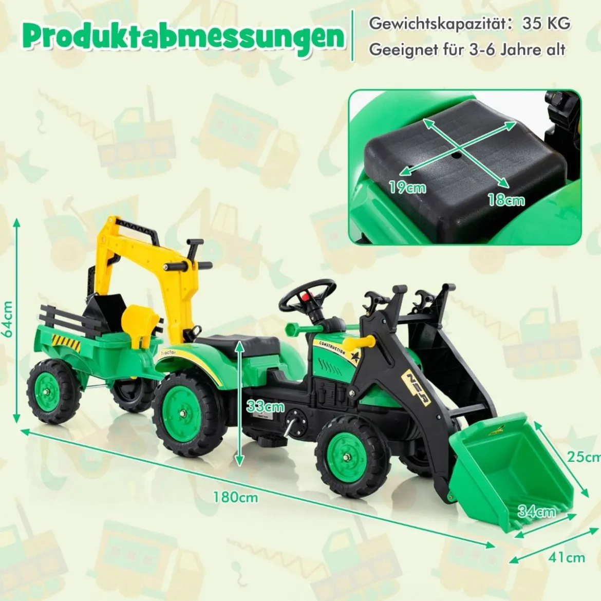 3-in-1-Aufsitzbagger für Kinder Bulldozer mit 6 Rädern 178 x 42 x 60 cm Grün