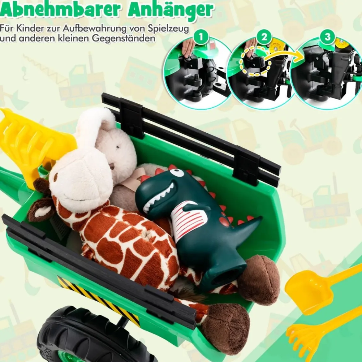 3-in-1-Aufsitzbagger für Kinder Bulldozer mit 6 Rädern 178 x 42 x 60 cm Grün