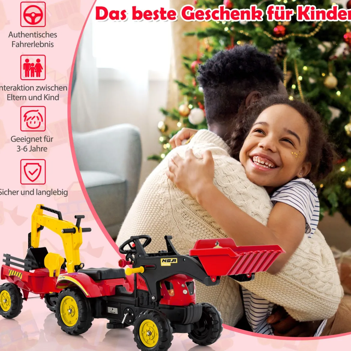 3-in-1-Aufsitzbagger für Kinder Bulldozer mit 6 Rädern abnehmbarem Anhänger & Grabschaufel Spielzeugbagger Rot