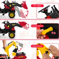 3-in-1-Aufsitzbagger für Kinder Bulldozer mit 6 Rädern abnehmbarem Anhänger & Grabschaufel Spielzeugbagger Rot