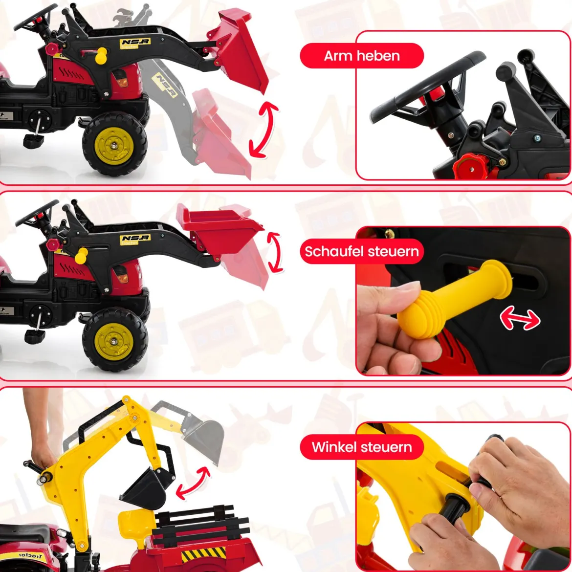 3-in-1-Aufsitzbagger für Kinder Bulldozer mit 6 Rädern abnehmbarem Anhänger & Grabschaufel Spielzeugbagger Rot