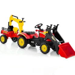 3-in-1-Aufsitzbagger für Kinder Bulldozer mit 6 Rädern abnehmbarem Anhänger & Grabschaufel Spielzeugbagger Rot