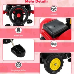 3-in-1-Aufsitzbagger für Kinder Bulldozer mit 6 Rädern abnehmbarem Anhänger & Grabschaufel Spielzeugbagger Rot
