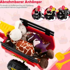 3-in-1-Aufsitzbagger für Kinder Bulldozer mit 6 Rädern abnehmbarem Anhänger & Grabschaufel Spielzeugbagger Rot