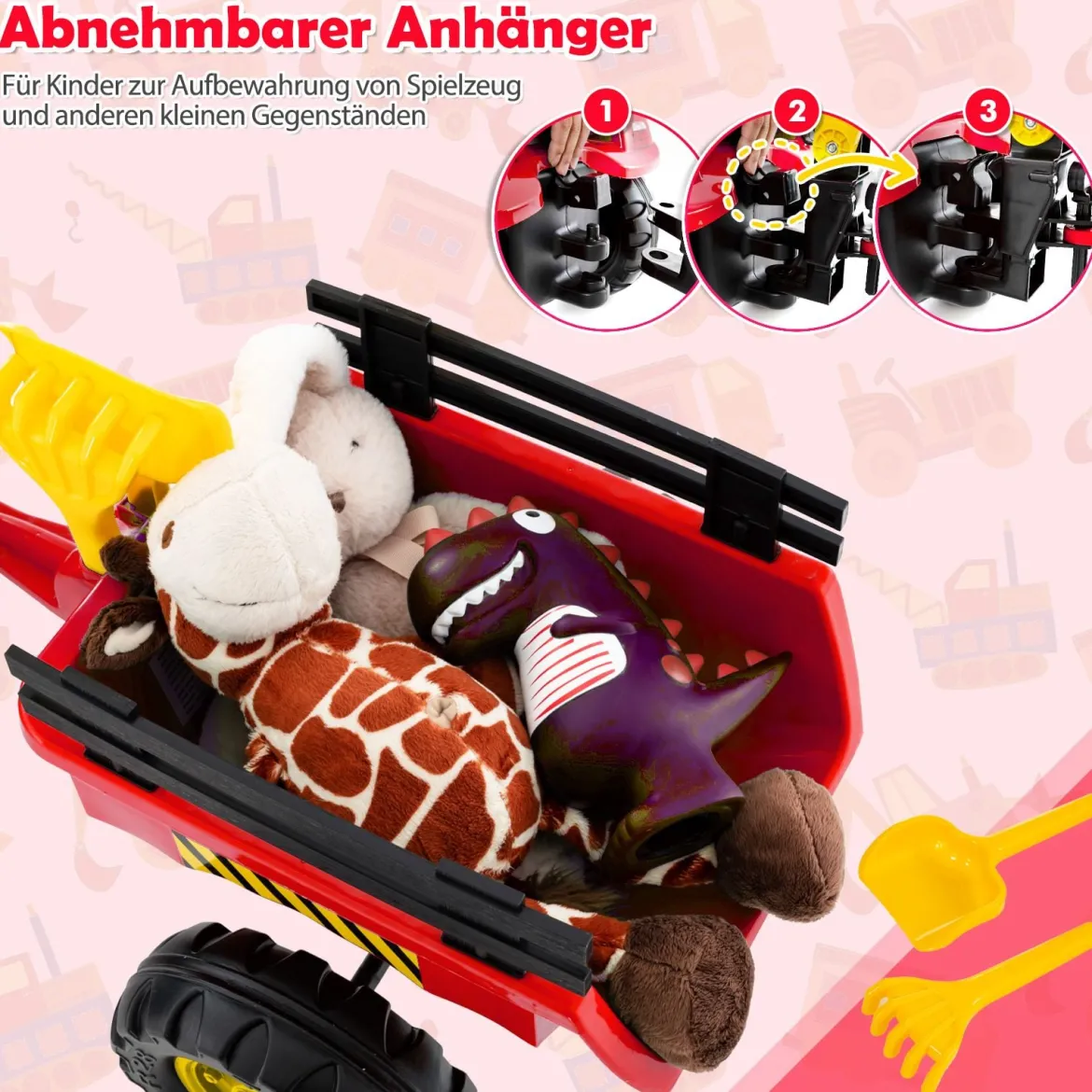 3-in-1-Aufsitzbagger für Kinder Bulldozer mit 6 Rädern abnehmbarem Anhänger & Grabschaufel Spielzeugbagger Rot
