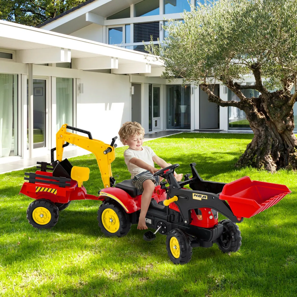 3-in-1-Aufsitzbagger für Kinder Bulldozer mit 6 Rädern abnehmbarem Anhänger & Grabschaufel Spielzeugbagger Rot