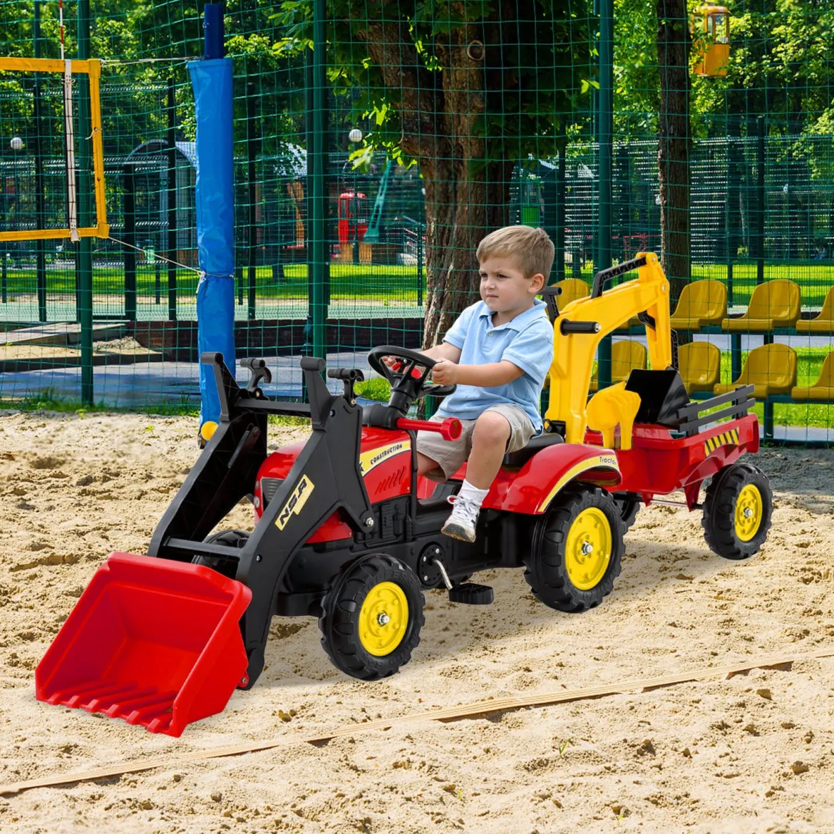 3-in-1-Aufsitzbagger für Kinder Bulldozer mit 6 Rädern abnehmbarem Anhänger & Grabschaufel Spielzeugbagger Rot
