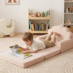 2 in 1 ausklappbares Kindersofa Kindersessel mit Schlaffunktion Kindercouch für Jungen Beige