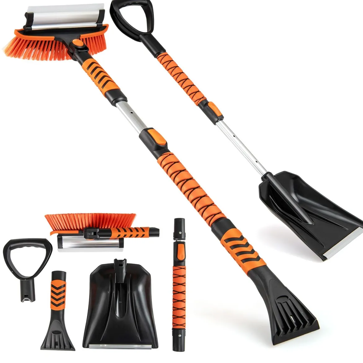 4 in 1 Auto Eiskratzer mit Schneebürste & 180° Drehbarer Kopf & 3 Stufig Verstellbarer Stange Schneebesen