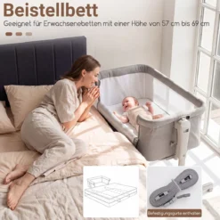3 in 1 Baby Beistellbett Babybett mit 6-stufiger Höhenverstellung & 4 Räder bis zu 9 kg Belastbar Grau