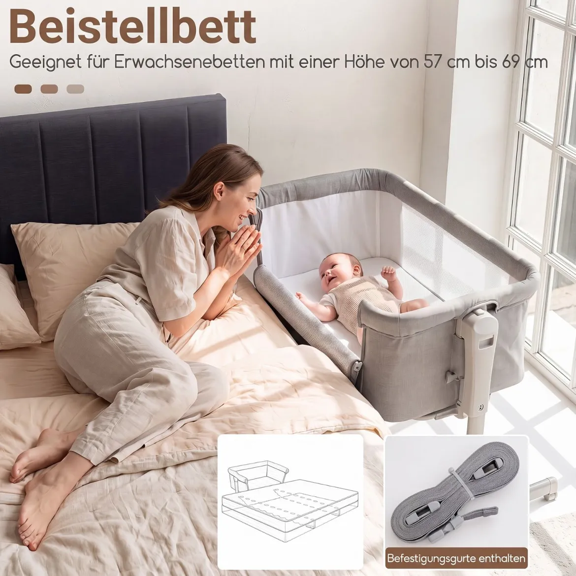 3 in 1 Baby Beistellbett Babybett mit 6-stufiger Höhenverstellung & 4 Räder bis zu 9 kg Belastbar Grau