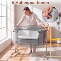 3 in 1 Baby Beistellbett Babybett mit 6-stufiger Höhenverstellung & 4 Räder bis zu 9 kg Belastbar Grau