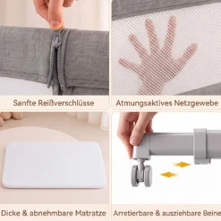 3 in 1 Baby Beistellbett Babybett mit 6-stufiger Höhenverstellung & 4 Räder bis zu 9 kg Belastbar Grau