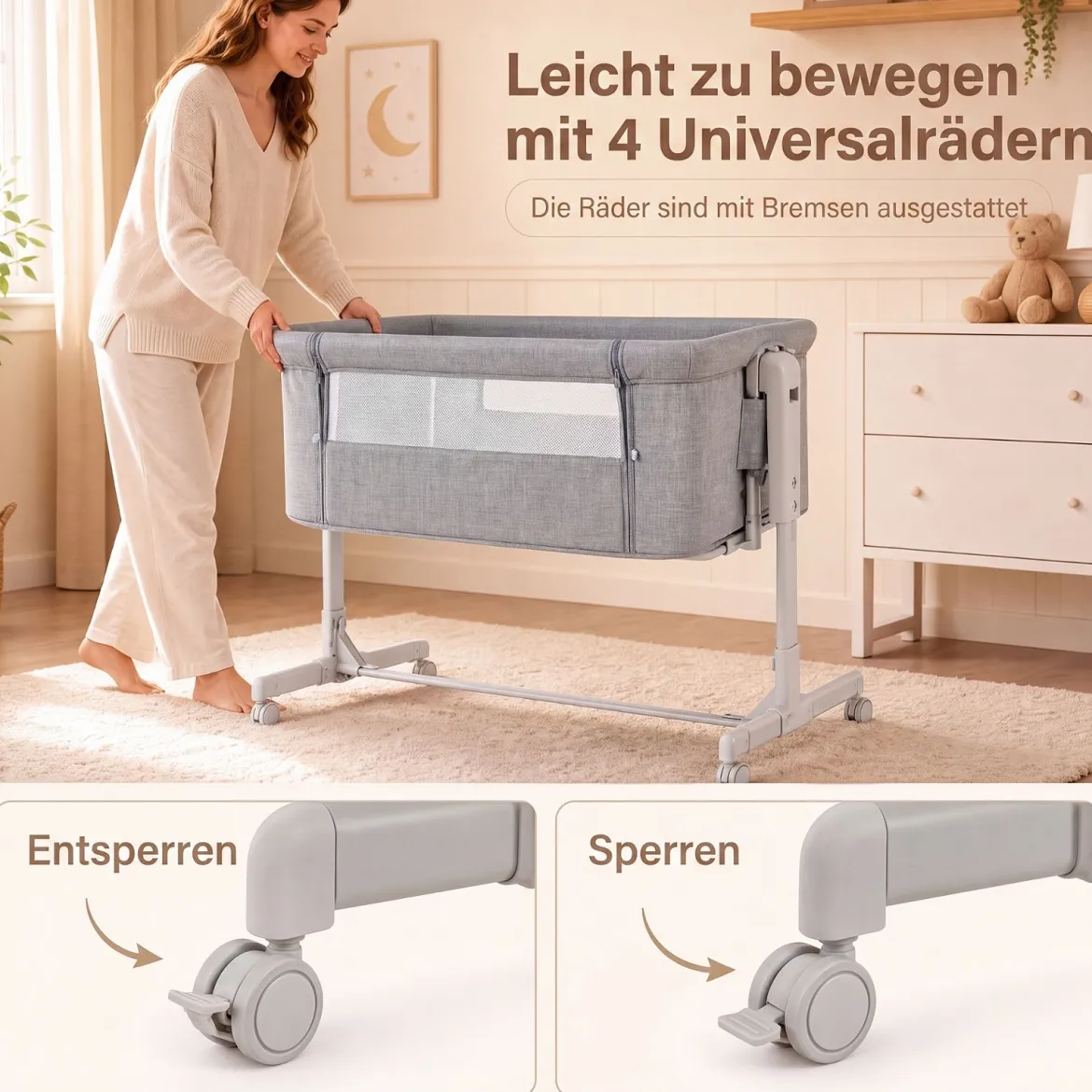 3 in 1 Baby Beistellbett Babybett mit 6-stufiger Höhenverstellung & 4 Räder bis zu 9 kg Belastbar Grau