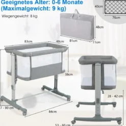 3 in 1 Babybett & Babywiege & Kinderbett mit Matratze Beistellbett mit Tragetasche Stubenwagen