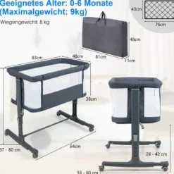 3 in 1 Babybett & Babywiege & Kinderbett mit Matratze Beistellbett mit Tragetasche Stubenwagen