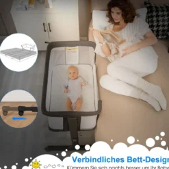 3 in 1 Babybett & Babywiege & Kinderbett mit Matratze Beistellbett mit Tragetasche Stubenwagen