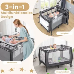 3 in 1 Babybett 2 Ebenen Reisebett mit Faltbarer Matratze & Wickelauflage & Rollen Dunkelgrau