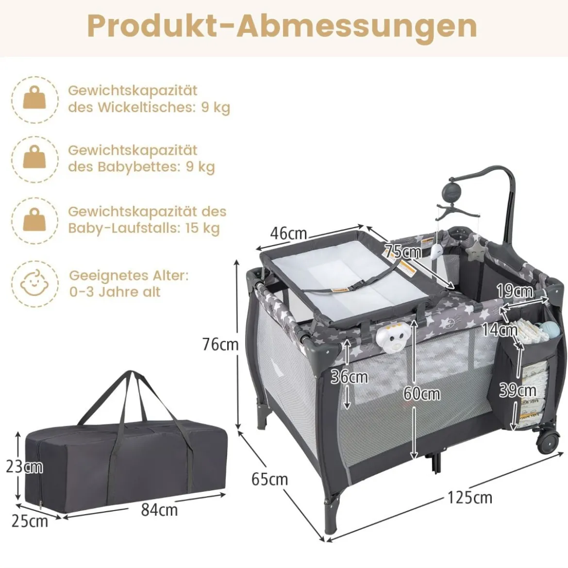 3 in 1 Babybett 2 Ebenen Reisebett mit Faltbarer Matratze & Wickelauflage & Rollen Dunkelgrau