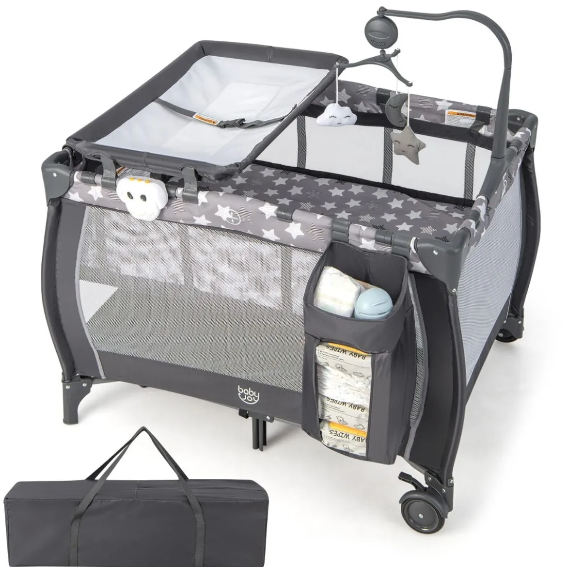 3 in 1 Babybett 2 Ebenen Reisebett mit Faltbarer Matratze & Wickelauflage & Rollen Dunkelgrau