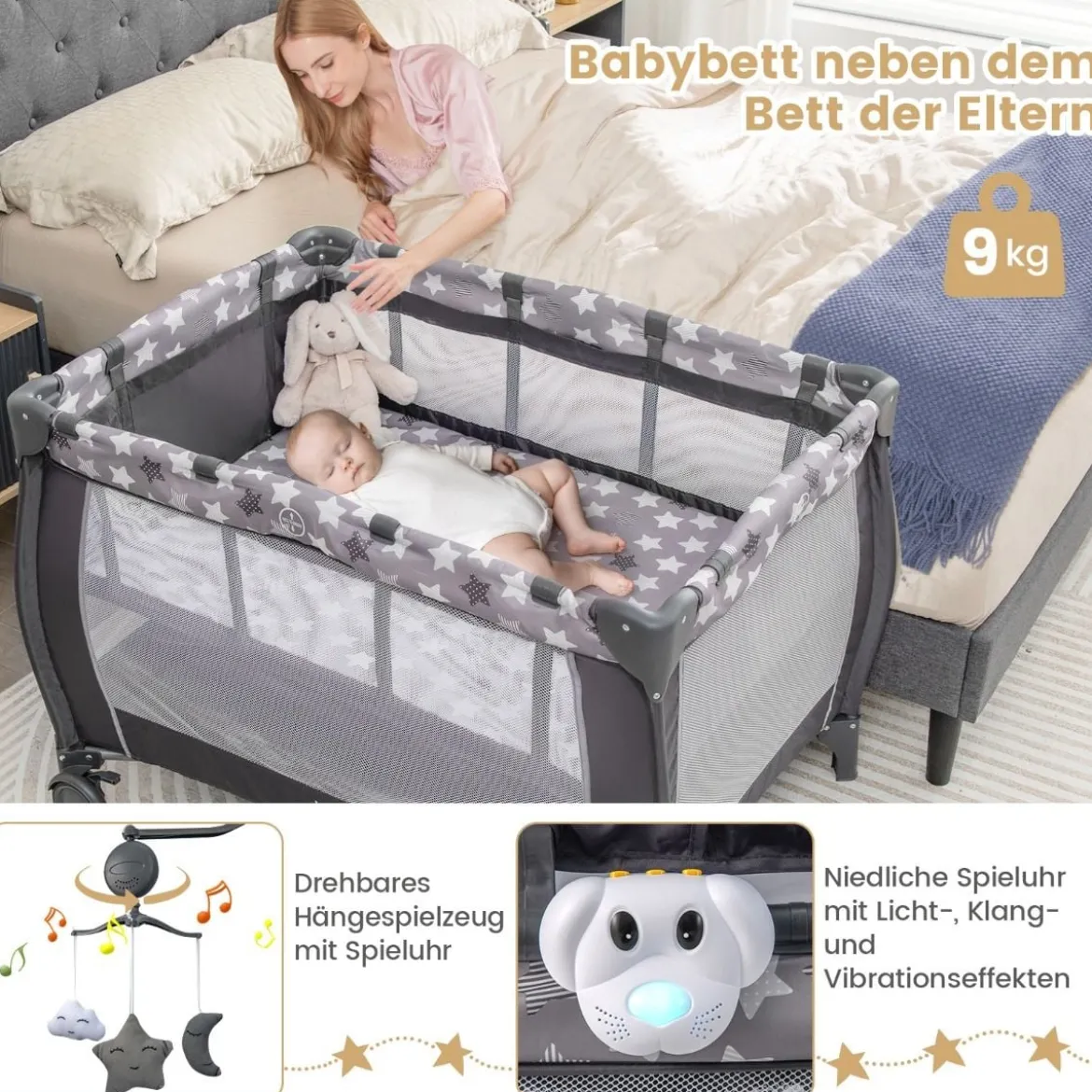 3 in 1 Babybett 2 Ebenen Reisebett mit Faltbarer Matratze & Wickelauflage & Rollen Dunkelgrau