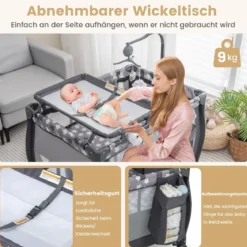 3 in 1 Babybett 2 Ebenen Reisebett mit Faltbarer Matratze & Wickelauflage & Rollen Dunkelgrau