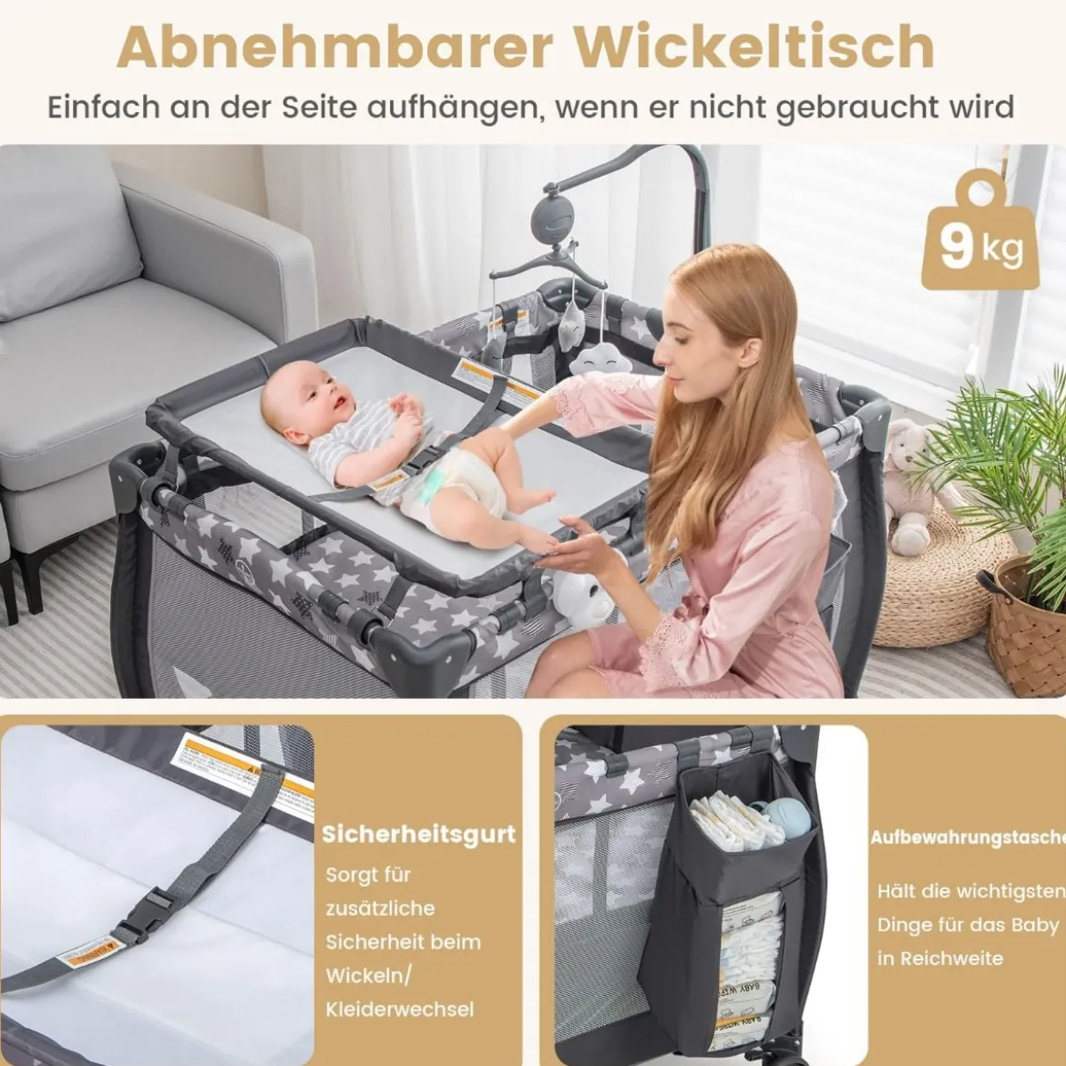 3 in 1 Babybett 2 Ebenen Reisebett mit Faltbarer Matratze & Wickelauflage & Rollen Dunkelgrau