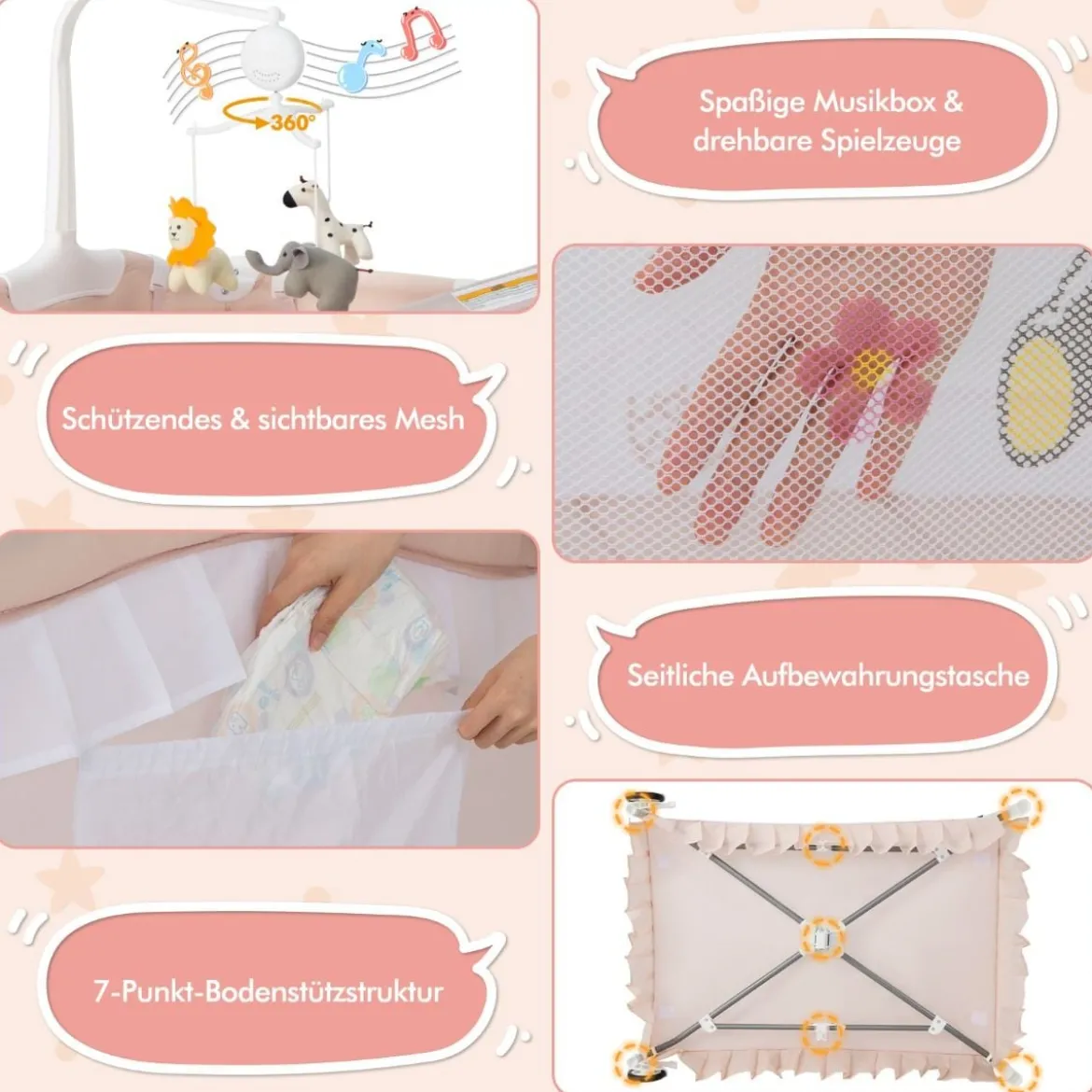 4 in 1 Babybett mit Abnehmbarem Baldachin Reisebett mit Matratze Beistellbett mit Rollen Rosa