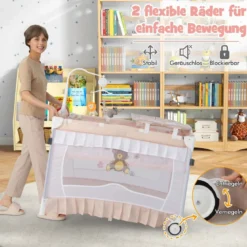 4 in 1 Babybett mit Abnehmbarem Baldachin Reisebett mit Matratze Beistellbett mit Rollen Rosa