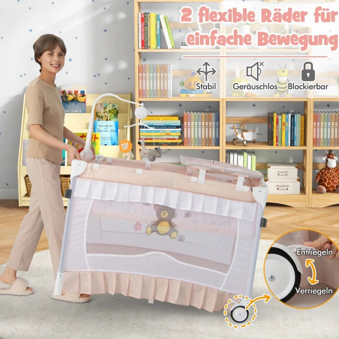 4 in 1 Babybett mit Abnehmbarem Baldachin Reisebett mit Matratze Beistellbett mit Rollen Rosa