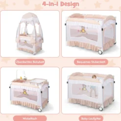 4 in 1 Babybett mit Abnehmbarem Baldachin Reisebett mit Matratze Beistellbett mit Rollen Rosa