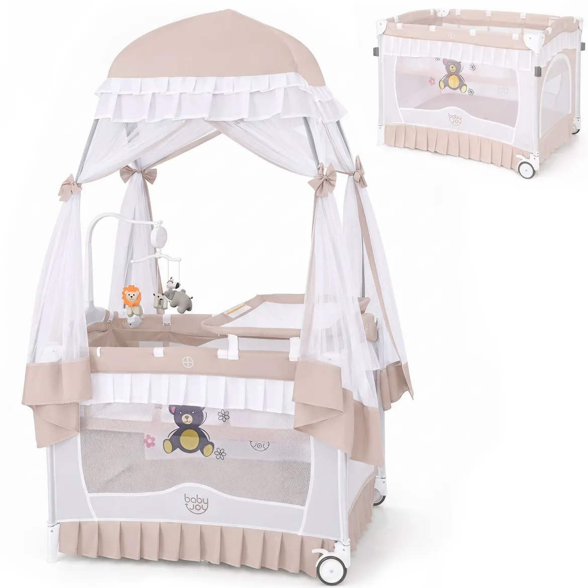 4 in 1 Babybett mit Abnehmbarem Baldachin Reisebett mit Matratze Beistellbett mit Rollen Rosa