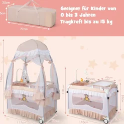 4 in 1 Babybett mit Abnehmbarem Baldachin Reisebett mit Matratze Beistellbett mit Rollen Rosa