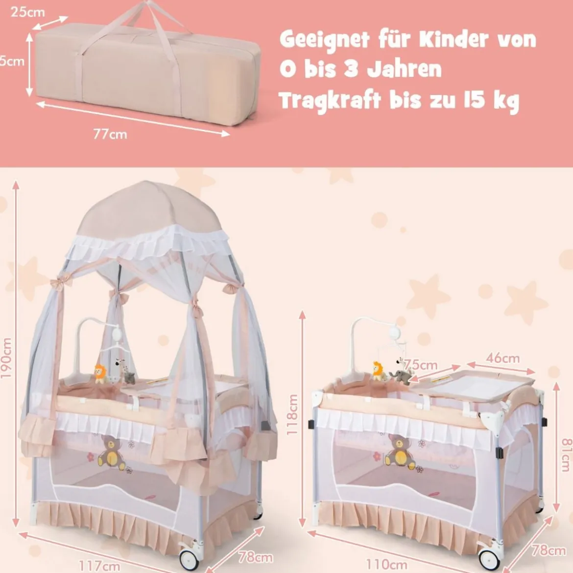 4 in 1 Babybett mit Abnehmbarem Baldachin Reisebett mit Matratze Beistellbett mit Rollen Rosa