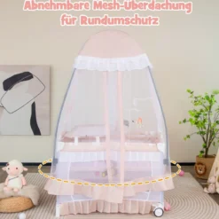 4 in 1 Babybett mit Abnehmbarem Baldachin Reisebett mit Matratze Beistellbett mit Rollen Rosa
