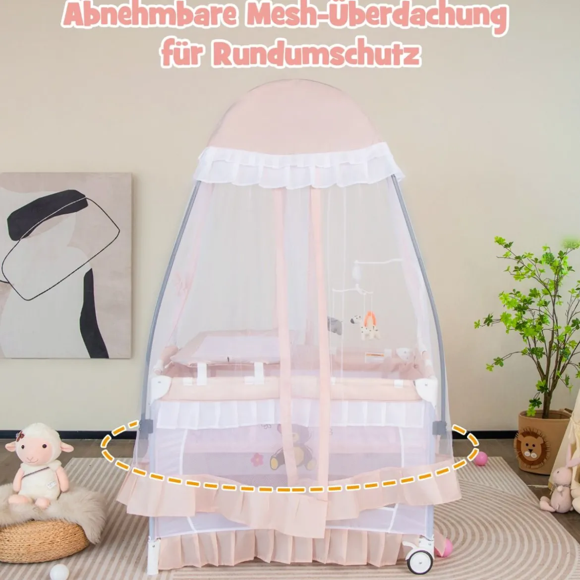 4 in 1 Babybett mit Abnehmbarem Baldachin Reisebett mit Matratze Beistellbett mit Rollen Rosa