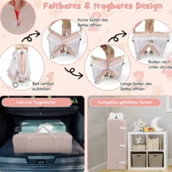 4 in 1 Babybett mit Abnehmbarem Baldachin Reisebett mit Matratze Beistellbett mit Rollen Rosa