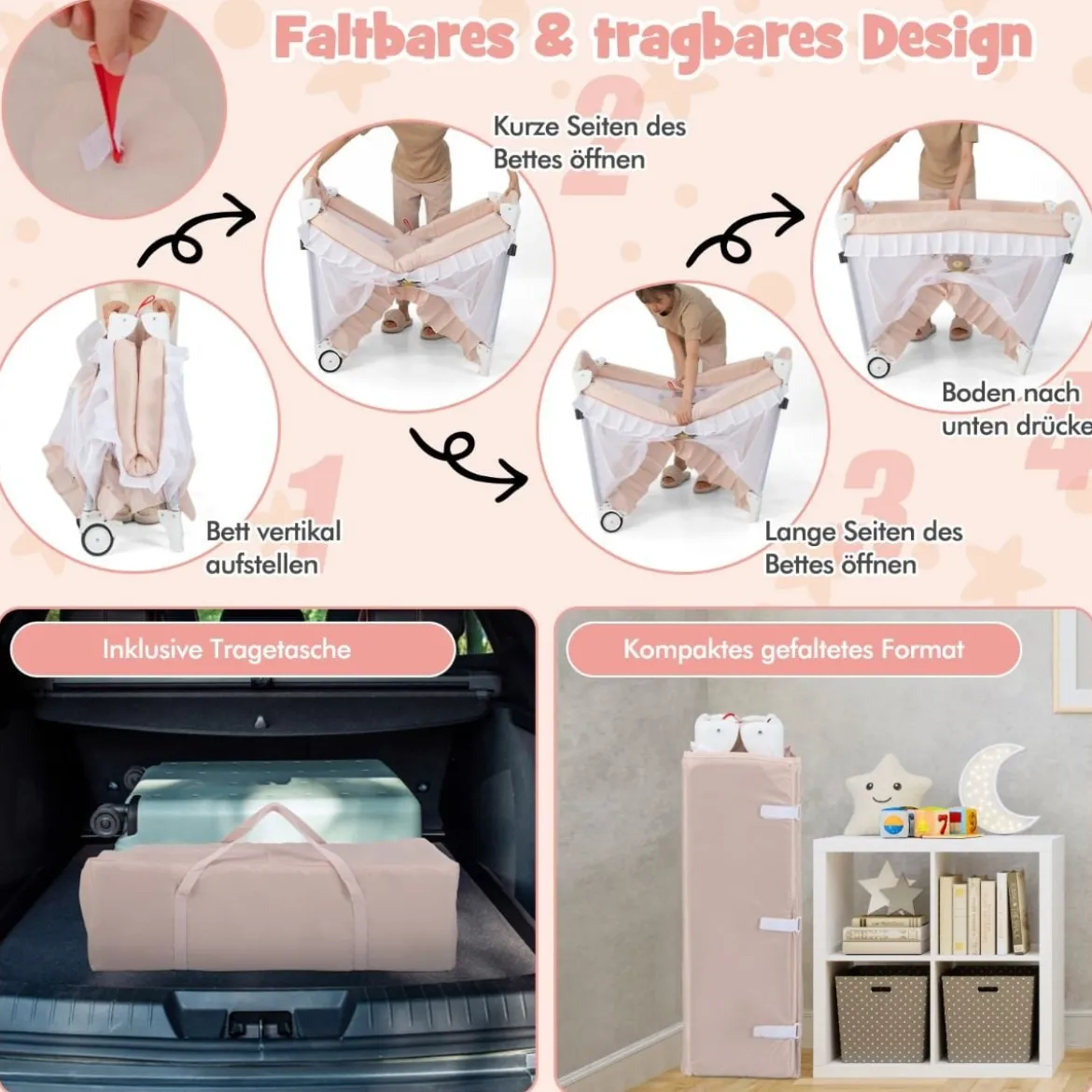 4 in 1 Babybett mit Abnehmbarem Baldachin Reisebett mit Matratze Beistellbett mit Rollen Rosa